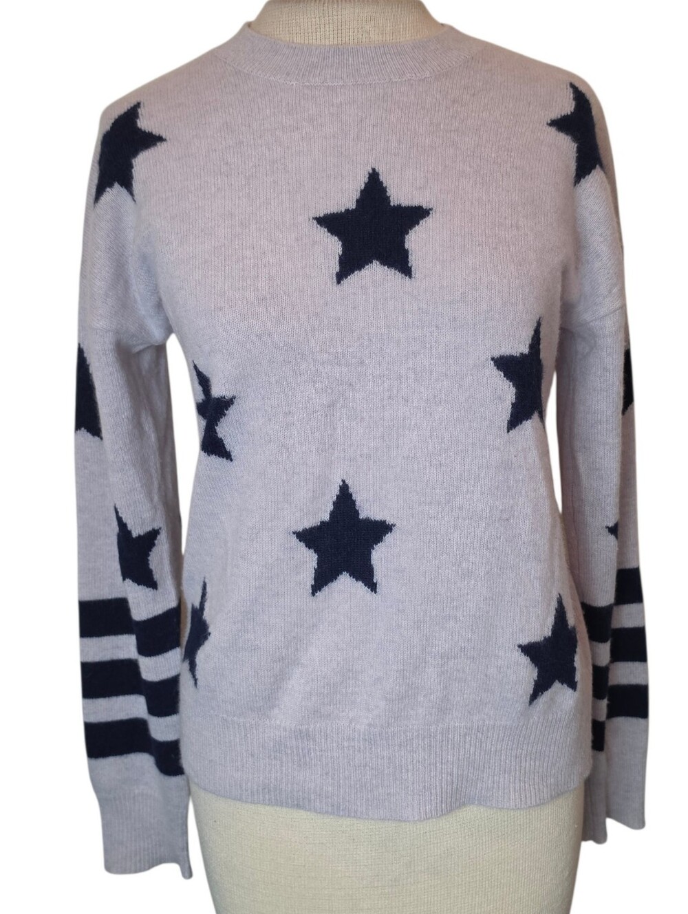 Aqua Cashmere Sweater Size XS Gray with Navy Stars & Stripes Celestial Luxury